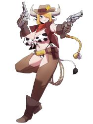 Rule 34 | animal ears, animal print, bell, belt, belt pouch, blonde hair, blue eyes, boots, braid, braided ponytail, breasts, chaps, cleavage, closed mouth, cow ears, cow girl, cow horns, cow print, cow tail, cowboy boots, cowboy fringe, cowboy hat, dual wielding, fringe trim, full body, gloves, gun, hair over one eye, handgun, hat, highleg, highleg panties, highres, holding, holding gun, holding weapon, horns, huge breasts, lasso, long hair, midriff, navel, original, panties, pouch, revolver, scarf, sleeveless, smile, stomach, sung08ko, tail, underwear, weapon, white background