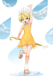 Rule 34 | 1girl, :d, armpits, bare shoulders, blonde hair, child, closed umbrella, costume, creatures (company), dress, fang, game freak, gen 1 pokemon, holding, jolteon, jouwan, nintendo, open mouth, personification, pokemon, puddle, smile, socks, solo, standing, standing on one leg, umbrella, yellow eyes
