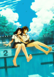 Rule 34 | &gt; &lt;, 2girls, :d, artist name, barbed wire, bare legs, barefoot, chain-link fence, cloud, empty eyes, empty pool, closed eyes, feet, female focus, fence, highres, kobayashi yuji, laughing, legs, light, locked arms, multiple girls, neckerchief, no bra, open clothes, open mouth, open shirt, outdoors, pool, poolside, school uniform, serafuku, shadow, shirt, side-by-side, sitting, skirt, smile, soles, toes, tree