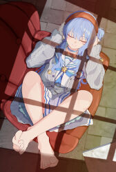 1girl absurdres arms_up bare_legs barefoot blue_bow blue_bowtie blue_choker blue_hair blush bow bowtie brown_hairband choker closed_eyes closed_mouth collarbone commentary crossed_ankles eyelashes feet frills from_above full_body grey_jacket hair_between_eyes hairband hands_on_own_head highres hololive hoshimachi_suisei hoshimachi_suisei_(school_uniform) indoors iwashitarou jacket long_hair long_sleeves lying on_back on_chair one_side_up open_clothes open_jacket pleated_skirt sailor_collar school_uniform shadow skirt smile solo spread_toes star_(symbol) stone_floor toenails toes virtual_youtuber white_skirt