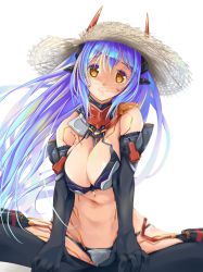 Rule 34 | 1girl, absurdres, android, bikini, breasts, butterfly sitting, elbow gloves, gloves, hat, highres, large breasts, long hair, looking at viewer, nintendo, onigiri (artist), orange eyes, poppi (xenoblade), poppi qtpi (xenoblade), purple hair, simple background, sitting, smile, solo, sun hat, swimsuit, thighhighs, white background, xenoblade chronicles (series), xenoblade chronicles 2, xenoblade chronicles (series), xenoblade chronicles 2