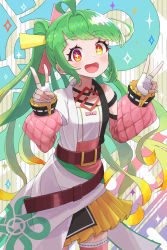 Rule 34 | + +, 1girl, absurdres, ahoge, blush, breasts, character request, commentary request, copyright request, fingerless gloves, gloves, green hair, hair ornament, highres, long hair, looking at viewer, na (zooncopter), open mouth, side ponytail, simple background, small breasts, solo, sparkle, thighhighs, virtual youtuber, yellow eyes