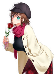 Rule 34 | 1girl, absurdres, braid, breasts, brown hair, charlotte corday (fate), coat, fate/grand order, fate (series), flower, green eyes, hand in pocket, hat, highres, large breasts, onsoku inu, plaid, plaid skirt, ribbed sweater, rose, scarf, skirt, smile, solo, sweater, white background