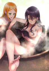Rule 34 | 2girls, :d, bare arms, bare legs, bare shoulders, barefoot, bathing, black hair, blonde hair, book, breasts, cleavage, closed mouth, collarbone, crossed legs, darkness, elf, eyelashes, fang, feet, fingernails, green eyes, hair between eyes, highres, holding, holding book, in cauldron, in container, isshi pyuma, large breasts, legs, lips, long fingernails, long hair, long toenails, midriff, mole, mole under eye, multiple girls, navel, nude, open book, open mouth, original, parted bangs, partially submerged, pointy ears, purple hair, reading, sidelocks, sitting, slit pupils, smile, soles, steam, stomach, toenails, toes, tsurime, water, wet, yellow eyes