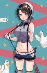 Rule 34 | 1girl, alternate costume, aqua background, aqua eyes, bird, black bow, black bowtie, black hair, blue shorts, bow, bowtie, breasts, clothes pull, clothing cutout, duck, grey shirt, grey thighhighs, hat, highres, hololive, looking at viewer, multicolored background, oozora subaru, oozora subaru (work), open mouth, pi tayuko, pulling own clothes, shirt, short hair, short shorts, shorts, solo, standing, star (symbol), striped clothes, striped shirt, subaru duck, suspenders, thighhighs, thighs, vertical-striped clothes, vertical-striped shirt, virtual youtuber, white hat