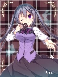 Rule 34 | 1girl, ;), black skirt, bow, bowtie, breasts, buttons, candy, character name, chocolate, chocolate heart, closed mouth, collared shirt, commentary request, cowboy shot, food, gochuumon wa usagi desu ka?, grey hair, hair between eyes, hair ornament, hairclip, heart, holding, holding food, large breasts, long hair, long sleeves, one eye closed, purple bow, purple bowtie, purple eyes, purple vest, rabbit, rabbit house uniform, shirt, sidelocks, skirt, smile, solo, star (symbol), tedeza rize, twintails, usume shirou, vest, white shirt