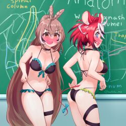 Rule 34 | 2girls, @ @, absurdres, ahoge, animal ear fluff, animal ears, ass, awkward, back, bikini, bikini pull, black bikini, black choker, blue eyes, blush, bow, breasts, brown eyes, brown hair, chalk, chalkboard, choker, cleavage, clothes pull, colored tips, cowboy shot, embarrassed, english text, feather hair ornament, feathers, frilled bikini, frills, full-face blush, hair between eyes, hair ornament, hakos baelz, halterneck, high ponytail, highres, holocouncil, hololive, hololive english, how to, leaning forward, long hair, looking at viewer, matching outfits, medium breasts, mokuka noe, mouse ears, mouse girl, mouse tail, multicolored hair, multiple girls, nanashi mumei, nape, navel, open mouth, profile, red hair, shoulder blades, sideboob, sidelocks, strap pull, streaked hair, string bikini, surprised, swimsuit, tail, tail bow, tail ornament, underboob, very long hair, virtual youtuber, wavy mouth