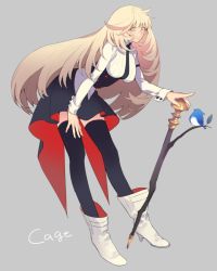Rule 34 | arm support, bad id, bad pixiv id, bird, blonde hair, boots, buttons, corset, long hair, looking at viewer, lor968, simple background, solo, staff, thighhighs, very long hair, yellow eyes, zettai ryouiki
