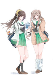 Rule 34 | 2girls, absurdres, alternate costume, alternate hairstyle, bag, bear hair ornament, black neckerchief, black socks, blouse, boko (girls und panzer), book, brown cardigan, brown footwear, cardigan, closed mouth, commentary, ebinuma 11, girls und panzer, green skirt, hair ornament, hair scrunchie, hair up, heel up, highres, holding, holding book, light frown, loafers, long hair, long sleeves, looking at viewer, loose socks, low-tied long hair, mature male, miniskirt, multiple girls, neckerchief, nishizumi shiho, ooarai school uniform, open cardigan, open clothes, pleated skirt, ponytail, sailor collar, school bag, school uniform, scrunchie, serafuku, shimada chiyo, shirt, shoes, simple background, skirt, sleeves past fingers, sleeves past wrists, socks, standing, two side up, white background, white sailor collar, white shirt, white socks, wind, yellow scrunchie