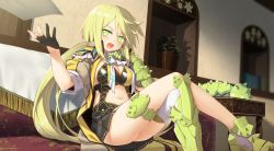 Rule 34 | 1girl, arm up, armored boots, asymmetrical legwear, black gloves, blonde hair, boots, breasts, cleavage, commentary request, couch, crossed legs, fingerless gloves, flower knight girl, gloves, green eyes, hair between eyes, indoors, jacket, kinpouge (flower knight girl), long hair, looking at viewer, medium breasts, mizunashi (second run), navel, open mouth, single thighhigh, sitting, solo, thigh strap, thighhighs, uneven legwear, very long hair
