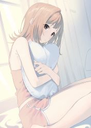 Rule 34 | 1girl, absurdres, bare legs, bed sheet, black eyes, brown hair, camisole, curtains, dolphin shorts, highres, holding, holding pillow, idolmaster, idolmaster shiny colors, indoors, light brown hair, looking at viewer, hugging object, pillow, pillow hug, red shorts, sakuragi mano, short hair, short shorts, shorts, sitting, solo, syhan, thighs, window