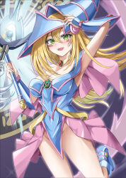Rule 34 | 2girls, absurdres, blonde hair, blue dress, blue hat, blush stickers, breasts, capelet, cleavage, dark magician girl, dress, duel monster, green eyes, hat, highres, holding, holding wand, long hair, magic circle, misakura aoi, multiple girls, off-shoulder dress, off shoulder, out of frame, pelvic curtain, pink capelet, pink skirt, revealing clothes, showgirl skirt, silent magician, skirt, smile, wand, witch hat, yu-gi-oh!