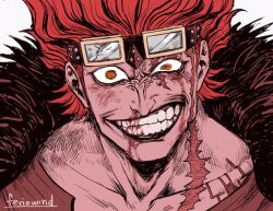 Rule 34 | 1boy, artist name, clenched teeth, coat, commentary, eustass kid, facial scar, feriowind, fur coat, goggles, goggles on head, injury, looking at viewer, male focus, one piece, red hair, scar, scar across eye, scar on cheek, scar on face, short hair, simple background, smile, solo, teeth, yellow eyes