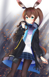 Rule 34 | 1girl, amiya (arknights), animal ears, aqua eyes, arknights, ascot, belt, black jacket, black pantyhose, brown hair, clenched hand, feet out of frame, frilled shirt collar, frilled skirt, frills, hair between eyes, hand up, highres, hood, hooded jacket, jacket, jewelry, kawaiipony2, open mouth, pantyhose, rabbit ears, ring, side ponytail, skirt, solo, sparks, standing