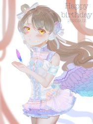 Rule 34 | 1girl, arm strap, artist name, artist request, bare shoulders, blue bow, blush, bow, bowtie, breasts, brown eyes, brown hair, detached arm, dress shirt, feathered wings, feathers, female focus, flower, grey hair, guguco (pixiv42956089), hair bow, hair flower, hair ornament, hair ribbon, hairclip, headphones, headset, heart, highres, holding, holding feather, light brown hair, long hair, looking at viewer, love live!, love live! school idol festival, love live! school idol project, medium breasts, minami kotori, parted lips, pink bow, pink bowtie, purple flower, ribbon, shirt, skirt, sleeveless, sleeveless shirt, small breasts, smile, solo, striped bow, striped bowtie, striped clothes, turtleneck, very long hair, white bow, white ribbon, white shirt, white skirt, wings, x hair ornament