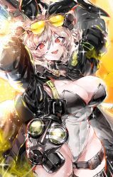 Rule 34 | 1girl, :d, animal ears, arms behind head, black jacket, breasts, brown hair, bullpup, cleavage, commentary request, commission, covered navel, cowboy shot, double bun, eyewear on head, gas mask, girls&#039; frontline, gun, hair between eyes, hair bun, highres, holding, holding gun, holding weapon, jacket, large breasts, leotard, looking at viewer, mask, unworn mask, open clothes, open jacket, open mouth, p90, p90 (girls&#039; frontline), personal defense weapon, playboy bunny, rabbit ears, red eyes, skeb commission, smile, solo, sparkle, submachine gun, tekona0, thighhighs, tinted eyewear, weapon, yellow-tinted eyewear