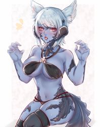 Rule 34 | absurdres, akira-tama, animal ears, au ra, warrior of light (ff14), bikini, black bikini, black thighhighs, blush, breasts, cat ears, colored skin, dragon horns, dragon tail, fang, final fantasy, final fantasy xiv, grey skin, highres, horns, huge filesize, looking at viewer, medium breasts, navel, open mouth, red eyes, scales, short hair, simple background, solo, swept bangs, swimsuit, tail, thighhighs, white hair