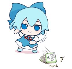Rule 34 | 1girl, blue bow, blue dress, blue eyes, blue hair, book, bow, chibi, cirno, dress, dropping, frown, fumo (doll), hair bow, motion lines, rei (tonbo0430), shirt, short hair, smile, speed lines, standing, tagme, throwing, touhou, white background, white shirt