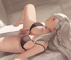 Rule 34 | 1girl, bare shoulders, bikini, bikini top only, black bikini, blush, bottomless, braid, breasts, chihunhentai, cleavage, closed eyes, fate/grand order, fate (series), female masturbation, fingering, grey hair, large breasts, long hair, lying, masturbation, olga marie animusphere, on back, open mouth, pussy juice, side braid, solo, spread legs, sweat, swimsuit, thighs
