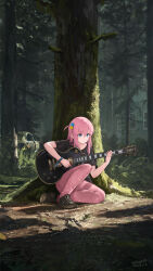 Rule 34 | 1girl, absurdres, artist name, black footwear, black shirt, blue eyes, bocchi the rock!, building, car, cube hair ornament, dated, day, electric guitar, forest, gibson les paul, gotoh hitori, guitar, hair between eyes, hair ornament, highres, holding, holding instrument, house, instrument, long hair, motor vehicle, music, nature, one side up, outdoors, pants, pink hair, pink pants, playing instrument, sawkm, scenery, shirt, shoes, short sleeves, sitting, sneakers, t-shirt, the last of us (series), the last of us 2, track pants, tree