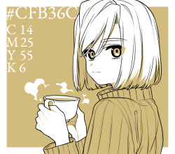 Rule 34 | 1boy, brown background, closed mouth, cup, eyebrows hidden by hair, fate/extra, fate (series), hair between eyes, hands up, holding, holding cup, karokuchitose, leonard bistario harway, long sleeves, looking at viewer, looking back, male focus, monochrome, ribbed sweater, solo, steam, sweater, thick eyebrows, turtleneck, turtleneck sweater, two-tone background, white background