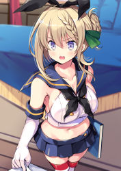 Rule 34 | 1girl, black neckerchief, blonde hair, blue skirt, blush, book, braid, braided bangs, braided bun, breasts, cleavage, commentary request, cosplay, desk, elbow gloves, gloves, hair bun, hair ribbon, hairband, holding, holding book, indoors, kantai collection, large breasts, neckerchief, odawara hakone, open mouth, perth (kancolle), purple eyes, ribbon, sailor collar, shimakaze (kancolle), shimakaze (kancolle) (cosplay), single hair bun, skirt, solo, striped clothes, striped thighhighs, thighhighs, white gloves