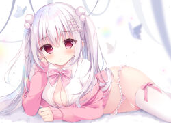 Rule 34 | 1girl, blush, bow, bow legwear, bra, breasts, cleavage, frilled panties, frills, highres, large breasts, long sleeves, looking at viewer, lying, navel, original, panties, pink bow, pink bra, pink eyes, pink panties, shirosei mochi, thighhighs, thighs, twintails, unbuttoned, unbuttoned shirt, underwear, white hair, white thighhighs