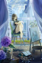 Rule 34 | 1girl, absurdres, barefoot, black eyes, black hair, building, chair, cloud, cup, curtains, day, desk, drinking glass, dripping, easel, flower, highres, hydrangea, indoors, knees up, light rays, looking at viewer, looking to the side, notebook, original, paint, paint tube, paintbrush, painting (object), palette (object), plant, potted plant, power lines, puddle, scenery, school uniform, serafuku, sitting, sky, smirk, solo, stool, tamu (tamurarucaffe1226), utility pole, water, water drop, wet, wet hair, wind, window, wooden floor