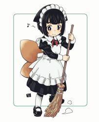 Rule 34 | 1girl, alternate costume, animal ears, apron, black dress, black footwear, black hair, bow, broom, brown eyes, closed mouth, collared dress, commentary request, dress, eighth note, enmaided, eyebrows hidden by hair, fox ears, fox girl, fox tail, frilled apron, frills, full body, holding, holding broom, juliet sleeves, kitsune, kukuri (mawaru), long sleeves, maid, maid headdress, mawaru (mawaru), musical note, original, pantyhose, puffy sleeves, red bow, shoes, short hair, smile, solo, standing, sweeping, tail, thick eyebrows, white apron, white background, white pantyhose