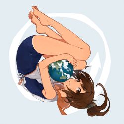 Rule 34 | 10s, 1girl, brown eyes, brown hair, earth (planet), fetal position, full body, hita (hitapita), i-401 (kancolle), kantai collection, long hair, looking at viewer, one-piece swimsuit, one-piece tan, planet, plantar flexion, ponytail, sailor collar, school swimsuit, smile, solo, swimsuit, swimsuit under clothes, tan, tanline