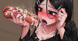 Rule 34 | 1girl, bad id, bad pixiv id, black hair, blush, breasts, cleavage, cum, cum on food, eating, food, hot dog, open mouth, ray-k, saliva, sexually suggestive, tongue, tongue out
