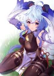 Rule 34 | 1girl, :t, ahoge, bell, black legwear, blue gloves, blue hair, blush, breasts, chinese knot, detached sleeves, flower knot, flying sweatdrops, ganyu (genshin impact), gao kawa, genshin impact, gloves, gold trim, grass, highres, horn grab, horns, long hair, looking at viewer, medium breasts, neck bell, pout, purple eyes, sidelocks, sitting, solo, thighlet, vision (genshin impact), white sleeves, yokozuwari