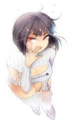 Rule 34 | 1girl, allison chan, baymax, baymax (cosplay), big hero 6, black hair, breasts, cleavage, cleavage cutout, clothing cutout, cosplay, detached sleeves, female focus, large breasts, meme attire, open-chest sweater, red eyes, ribbed sweater, short hair, solo, sweater, thighhighs, white thighhighs