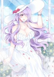 Rule 34 | 1girl, alternate costume, arm up, bad id, bad twitter id, blue sky, breasts, camilla (fire emblem), cleavage, cloud, day, dress, fire emblem, fire emblem fates, flower, hair over one eye, hand on headwear, hat, hat flower, highres, large breasts, long hair, nintendo, open mouth, petals, plushcharm, purple eyes, purple hair, sitting, sky, solo, sun hat, twitter username, white dress, white hat