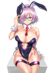 Rule 34 | 1girl, animal ears, bare shoulders, black leotard, blush, breasts, center opening, cleavage, closed mouth, collarbone, detached collar, fake animal ears, fate/grand order, fate (series), fishnet legwear, fishnets, glasses, hair over one eye, highleg, highleg leotard, highres, large breasts, leotard, light purple hair, looking at viewer, mash kyrielight, nenchi, playboy bunny, purple eyes, rabbit ears, short hair, simple background, sitting, smile, thighs, white background, wrist cuffs