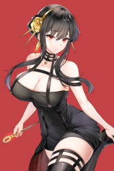 Rule 34 | 1girl, absurdres, bare shoulders, black dress, black hair, black thighhighs, boots, breasts, cleavage, closed mouth, collarbone, dagger, dress, earrings, floating hair, flower, gold earrings, gold hairband, hair flower, hair ornament, hairband, high heel boots, high heels, highres, holding, holding dagger, holding knife, holding weapon, jewelry, knife, large breasts, lillly, looking at viewer, mixed-language commentary, red background, red eyes, rose, sidelocks, simple background, skindentation, solo, spikes, spy x family, standing, standing on one leg, thigh boots, thighhighs, two-sided dress, two-sided fabric, weapon, yor briar, zettai ryouiki