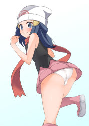 Rule 34 | 1girl, ass, bare arms, bare shoulders, beanie, black shirt, blue background, blue eyes, blue hair, blush, boots, closed mouth, commentary request, creatures (company), dawn (pokemon), game freak, gradient background, hat, hekomii, highres, knee boots, long hair, looking at viewer, looking back, nintendo, panties, pink footwear, pink skirt, pokemon, pokemon dppt, shirt, shoe soles, skirt, sleeveless, sleeveless shirt, smile, solo, standing, standing on one leg, underwear, white background, white hat, white panties