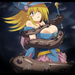 Rule 34 | 1girl, appei (555), bare shoulders, bdsm, blonde hair, blush, bondage, bound, breasts, cleavage, dark magician girl, duel monster, female focus, forced, gradient background, green eyes, hat, large breasts, long hair, open mouth, pain, sweat, tears, tentacles, wizard hat, yu-gi-oh!, yu-gi-oh! duel monsters