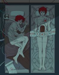 Rule 34 | 1boy, barefoot, empty eyes, eva (invisibleninja12), fetal position, from above, lying, male focus, marionette, naruto, naruto (series), naruto shippuuden, nude, on back, on side, operating table, oxygen mask, pillow, puppet, red hair, sasori (naruto), scroll, sensor, shadow, table, wire
