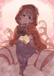 Rule 34 | 1girl, 7010, blue eyes, blush, breath, brown hair, commentary request, egg, head tilt, heart, heart-shaped pupils, highres, hood, hood up, idolmaster, idolmaster cinderella girls, looking at viewer, monster girl, monsterification, outstretched arm, parted lips, pelvic curtain, ribbon-trimmed clothes, ribbon-trimmed sleeves, ribbon trim, sakuma mayu, scylla, slime (substance), smile, solo, suction cups, sweat, symbol-shaped pupils, tentacles, wide sleeves
