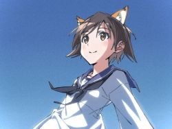 Rule 34 | 1girl, animal ears, black neckwear, blouse, blue sailor collar, blue sky, brown eyes, brown hair, clear sky, closed mouth, commentary, day, dog ears, hair flaps, highres, kogarashi51, long sleeves, looking to the side, miyafuji yoshika, outdoors, sailor collar, shirt, short hair, sky, smile, solo, strike witches, texture, white shirt, world witches series