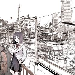Rule 34 | 1girl, absurdres, against railing, blush, building, city, construction site, copyright request, highres, jacket, monochrome, no nose, open mouth, outdoors, railing, shirt, short hair, skirt, solo, urban, utility pole, white jacket, white shirt, zenryoku