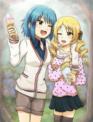 Rule 34 | 10s, 2girls, ;d, athyra, blonde hair, blouse, blue eyes, blue hair, cardigan, casual, crepe, drill hair, food, ice cream, ice cream cone, mahou shoujo madoka magica, mahou shoujo madoka magica (anime), miki sayaka, multiple girls, one eye closed, open mouth, polka dot, polka dot shirt, shirt, short hair, shorts, smile, thighhighs, tomoe mami, twin drills, yellow eyes, zettai ryouiki
