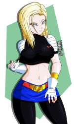 Rule 34 | 1girl, absurdres, android 18, artist name, black pantyhose, blonde hair, blue eyes, breasts, closed mouth, crop top, danmakuman, dated, denim, denim skirt, dragon ball, dragonball z, fingerless gloves, forehead, gloves, highres, large breasts, long hair, looking at viewer, midriff, navel, pantyhose, short sleeves, skirt, solo, standing, super android 18, white background, white gloves