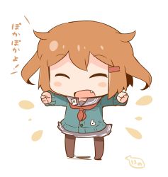 Rule 34 | 10s, 1girl, absurdres, black pantyhose, blush, blush stickers, brown hair, buttons, cardigan, chibi, commentary request, closed eyes, fang, hair ornament, hairclip, hanomido, highres, ikazuchi (kancolle), kantai collection, long sleeves, neckerchief, open mouth, outstretched arms, pantyhose, red neckerchief, school uniform, serafuku, short hair, simple background, skirt, solo, standing, text focus, translation request, white background