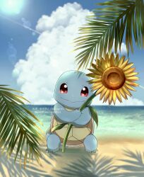 Rule 34 | absurdres, animal focus, beach, closed mouth, cloud, creatures (company), cumulonimbus cloud, flower, fuyu (utngrtn), game freak, gen 1 pokemon, highres, holding, holding flower, lens flare, nintendo, no humans, nostrils, palm tree, pokemon, pokemon (creature), red eyes, smile, squirtle, standing, sunflower, tree, turtle, twitter username, watermark, yellow flower