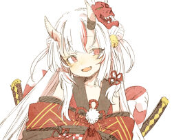 Rule 34 | 1girl, :d, abara heiki, bell, blush, double bun, fang, hair bell, hair bun, hair ornament, hololive, horns, japanese clothes, kimono, long hair, mask, mask on head, multicolored hair, nakiri ayame, nakiri ayame (1st costume), off shoulder, oni mask, open mouth, red eyes, red hair, red kimono, sideways glance, simple background, skin-covered horns, smile, solo, streaked hair, two side up, upper body, virtual youtuber, white background, white hair