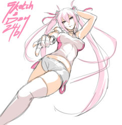Rule 34 | 1girl, bare shoulders, beatmania, beatmania iidx, breasts, crossed legs, eu03, fingerless gloves, foreshortening, gloves, long hair, midriff, mizushiro celica, pink eyes, pink hair, shorts, solo, standing, thighhighs, twintails, white thighhighs