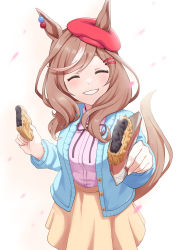 Rule 34 | 1girl, ^ ^, absurdres, animal ears, blue jacket, blush, brown hair, closed eyes, commentary request, ears through headwear, facing viewer, food, gomesu (gomes0343), hair ornament, hairclip, hat, highres, holding, holding food, horse ears, horse girl, horse tail, jacket, long hair, long sleeves, matikane tannhauser (umamusume), multicolored hair, neck ribbon, open clothes, open jacket, pink shirt, reaching, reaching towards viewer, red hat, ribbon, shirt, simple background, skirt, smile, solo, steam, streaked hair, tail, taiyaki, teeth, umamusume, upper body, wagashi, white background, yellow skirt