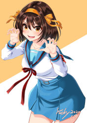 Rule 34 | 1girl, armband, artist name, blue sailor collar, blue skirt, brown eyes, brown hair, claw pose, collarbone, commentary request, dated, hairband, kita high school uniform, neck ribbon, open mouth, orange hairband, red ribbon, revision, ribbon, sailor collar, school uniform, shirt, short hair, simple background, skirt, smile, solo, suzumiya haruhi, suzumiya haruhi no yuuutsu, thighs, watermark, white background, yellow background, yuckey